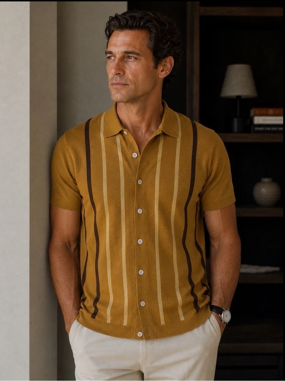 Todd Snyder Vertical Stripe Full Placket Button Up Sweater Polo Large 95689